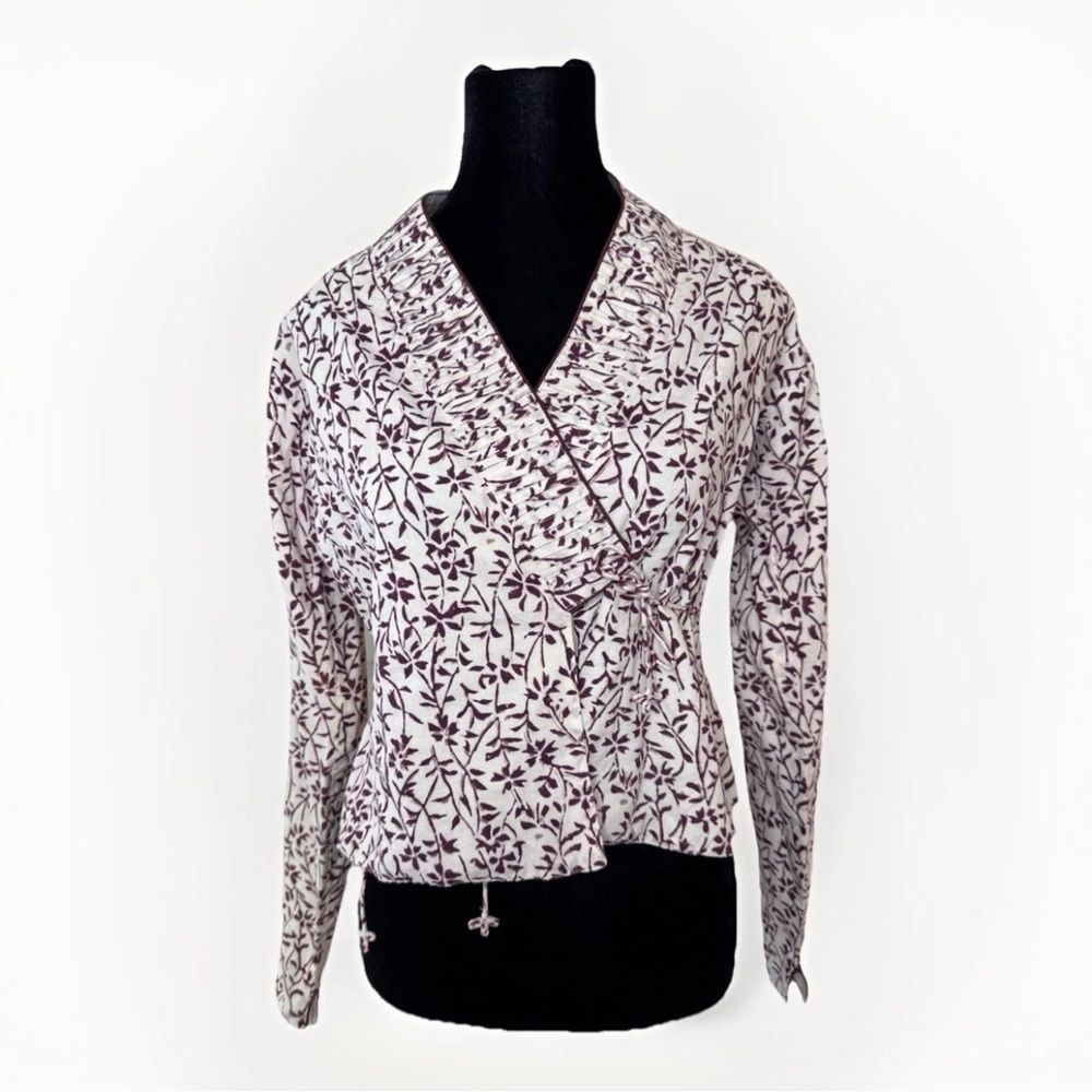 Anokhi Wrap Top Jacket Sz XS Lightweight Cotton Boho Natural Ivory Brown Floral